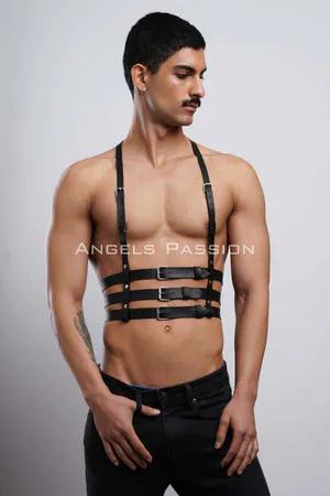 Black Faux Leather Chest Harness Women Adjustable Buckles