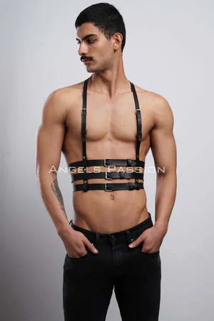 Black Faux Leather Chest Harness Women Adjustable Buckles