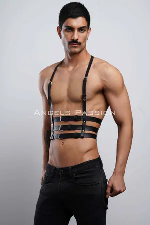 Black Faux Leather Chest Harness Women Adjustable Buckles