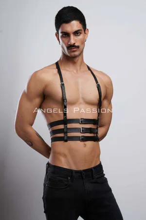 Black Faux Leather Chest Harness Women Adjustable Buckles