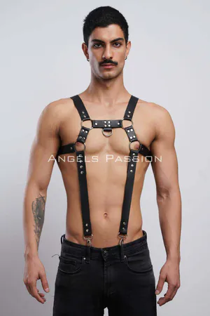 Black Faux Leather Chest Harness Men Adjustable Suspender Style Straps