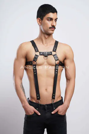 Black Faux Leather Chest Harness Men Adjustable Suspender Style Straps