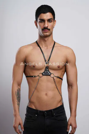 Black Faux Leather Body Harness with Detachable Silver Chain