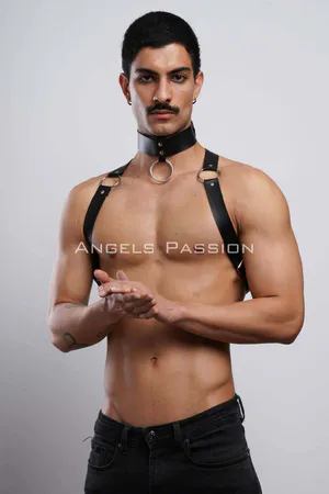 Black faux leather choker and chest harness set with O-ring detail