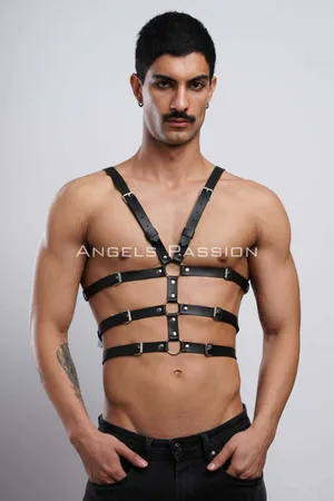 Black Vegan Leather Chest Harness for Women with Silver O-Ring Hardware