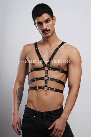 Black Vegan Leather Chest Harness for Women with Silver O-Ring Hardware
