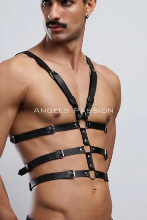 Black Vegan Leather Chest Harness for Women with Silver O-Ring Hardware