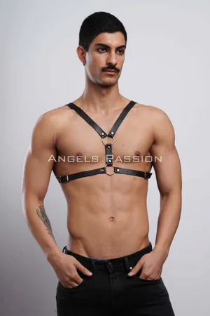 Mens Black Faux Leather O-Ring Chest Harness Adjustable