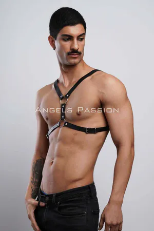 Mens Black Faux Leather O-Ring Chest Harness Adjustable