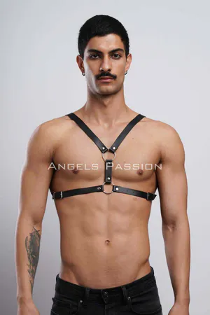 Mens Black Faux Leather O-Ring Chest Harness Adjustable