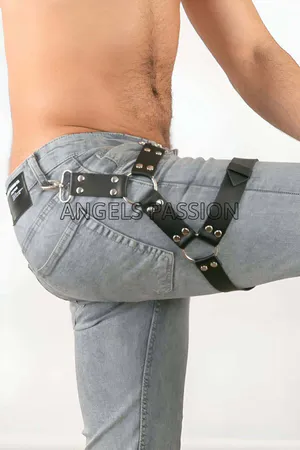 Black Faux Leather Leg Harness with O-Rings and Adjustable Straps