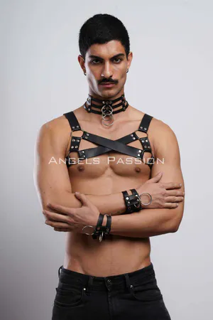 Black Faux Leather Chest Harness Set with O-Ring Choker and Wrist Cuffs