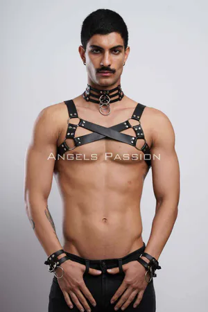 Black Faux Leather Chest Harness Set with O-Ring Choker and Wrist Cuffs