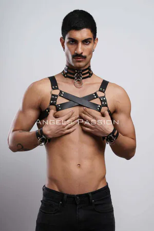 Black Faux Leather Chest Harness Set with O-Ring Choker and Wrist Cuffs