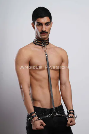 Black Faux Leather Full Body Harness Set with Collar and Cuffs
