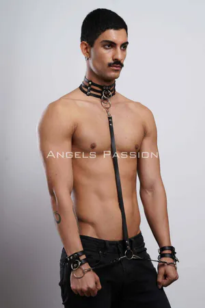 Black Faux Leather Full Body Harness Set with Collar and Cuffs