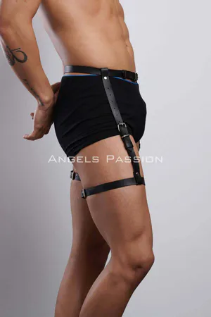 Black faux leather adjustable leg harness set with silver buckles