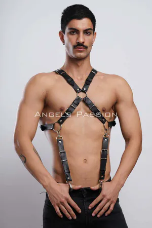 Black Faux Leather X-Back Body Harness Men Adjustable Straps D-Ring Hardware