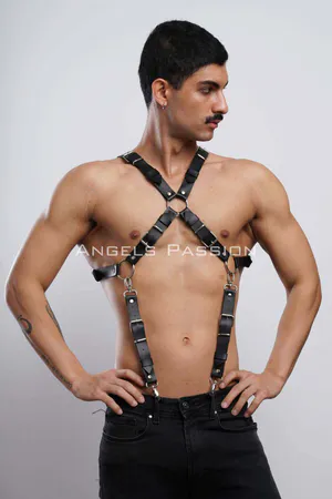 Black Faux Leather X-Back Body Harness Men Adjustable Straps D-Ring Hardware