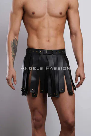 Black Faux Leather Gladiator Kilt Harness Adjustable Belt Stud Accents