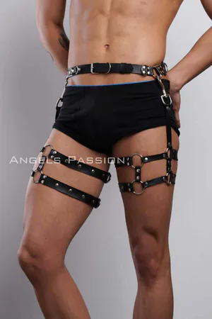 Black Faux Leather Thigh Leg Harness with Silver O-Rings and Adjustable Waist Belt