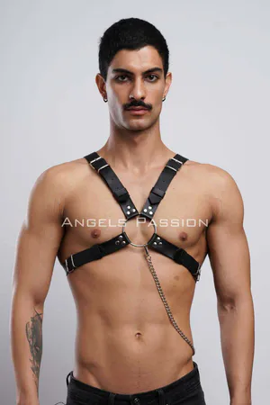 Black Faux Leather Chest Harness with Silver O-Ring and Detachable Chain