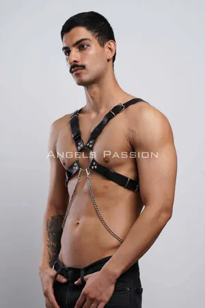 Black Faux Leather Chest Harness with Silver O-Ring and Detachable Chain