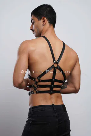 Black Faux Leather Cage Body Harness with Horizontal Straps and O-Ring Details