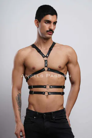 Black Faux Leather Cage Body Harness with Horizontal Straps and O-Ring Details