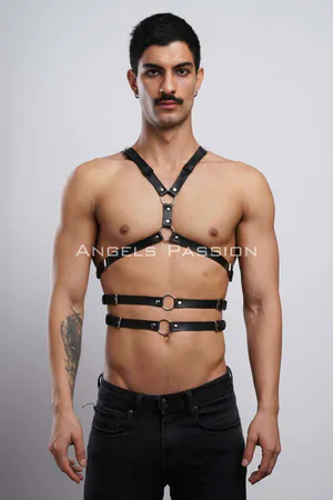 Black Faux Leather Cage Body Harness with Horizontal Straps and O-Ring Details