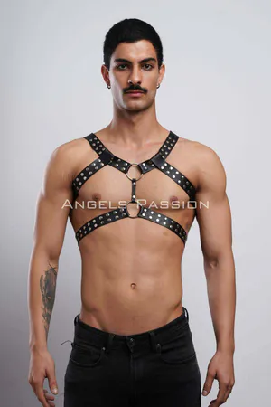 Black studded faux leather full body harness with O-rings