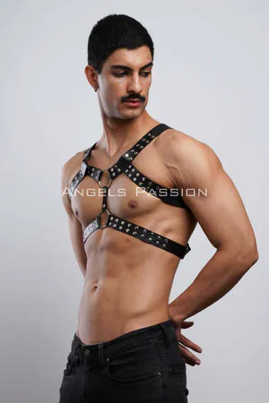 Black studded faux leather full body harness with O-rings