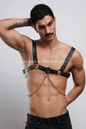 Black faux leather chest harness with O-rings and silver chain