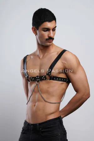 Black faux leather chest harness with O-rings and silver chain