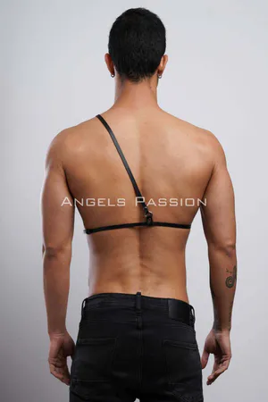 Black faux leather O-ring chest harness with adjustable strap