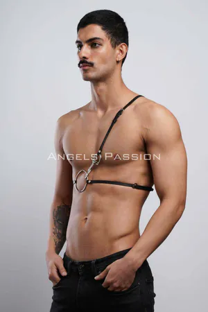 Black faux leather O-ring chest harness with adjustable strap