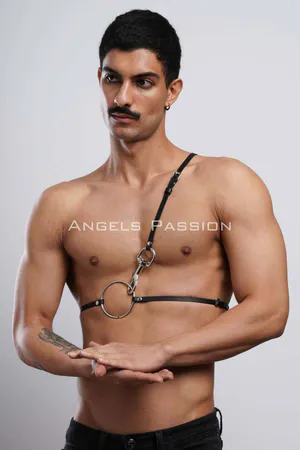 Black faux leather O-ring chest harness with adjustable strap