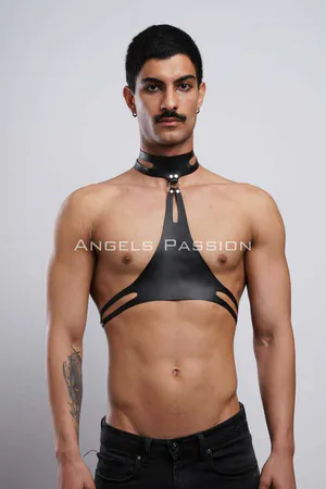 Black faux leather harness with adjustable O-ring collar and chest straps