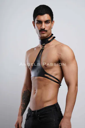 Black faux leather harness with adjustable O-ring collar and chest straps