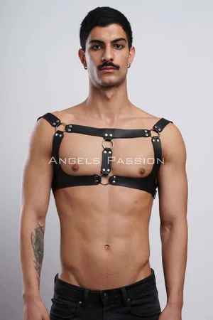 Black Faux Leather Adjustable Chest Harness with O-Ring Accents