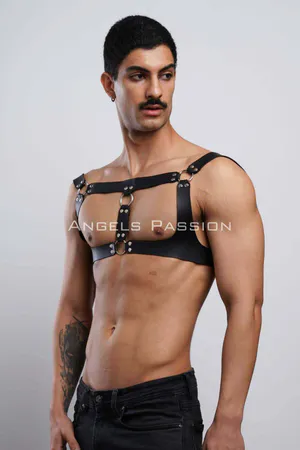 Black Faux Leather Adjustable Chest Harness with O-Ring Accents