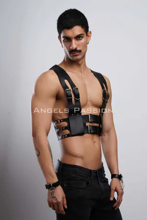 Black Faux Leather Structured Chest Harness with Double Buckles