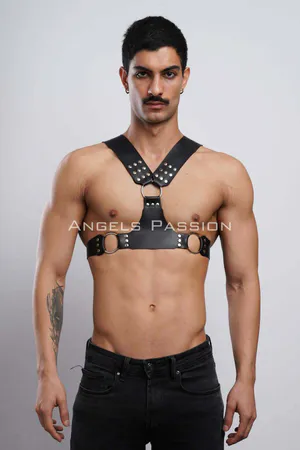 Black Faux Leather Studded Chest Harness Front View O-Ring Detail