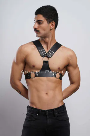 Black Faux Leather Studded Chest Harness Front View O-Ring Detail