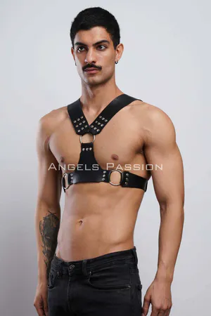 Black Faux Leather Studded Chest Harness Front View O-Ring Detail