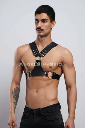 Black Faux Leather Studded Chest Harness Front View O-Ring Detail