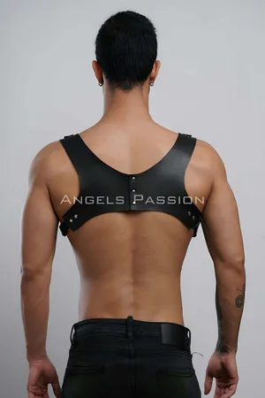 Black faux leather body harness with adjustable straps and silver buckles