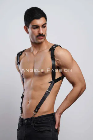 Black faux leather body harness with adjustable straps and silver buckles