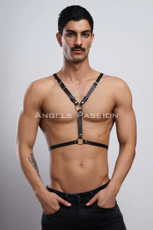Black faux leather bat wing body harness with O-ring straps
