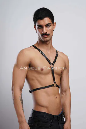 Black faux leather bat wing body harness with O-ring straps